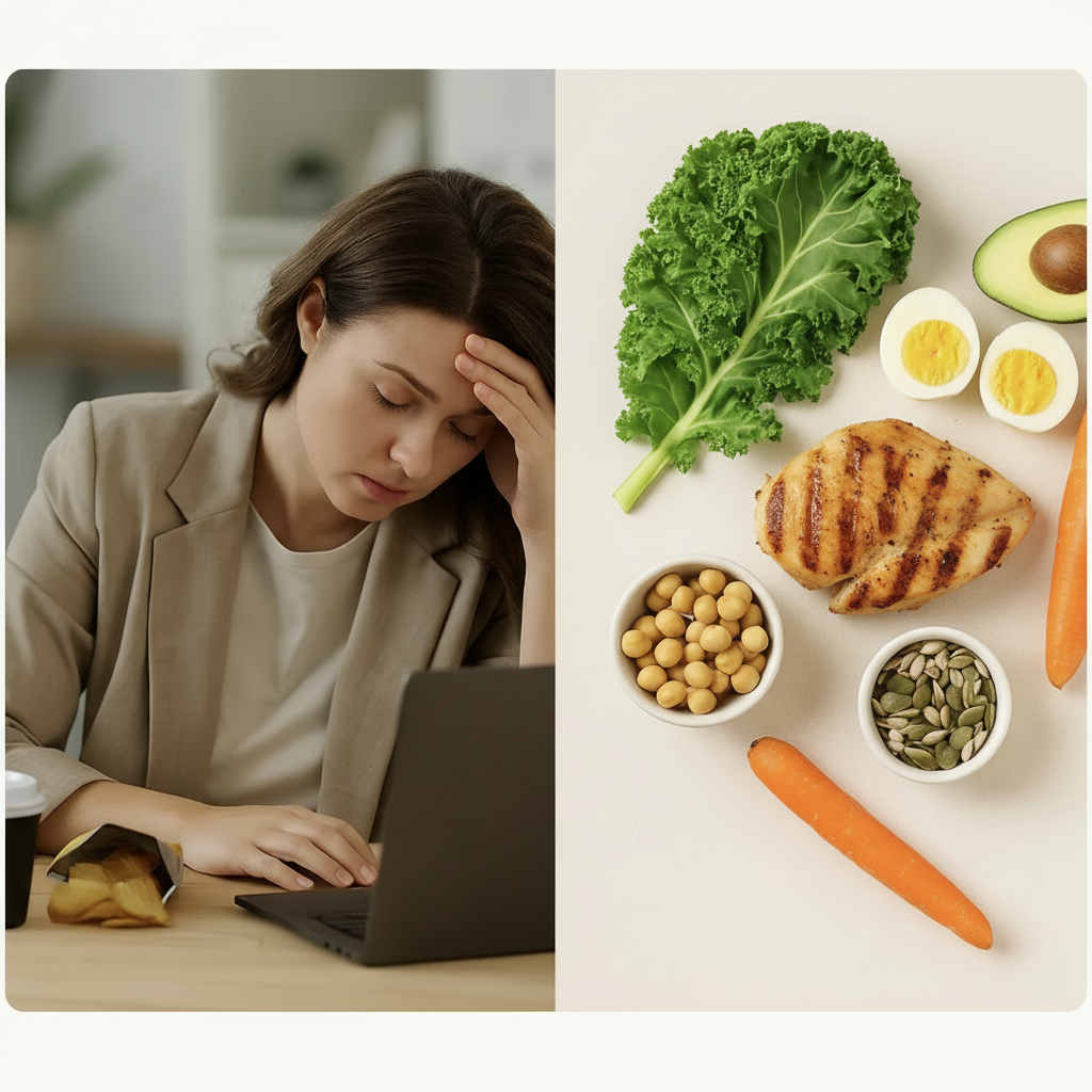 Split image of fatigued woman at laptop compared to ingredients of a high-protein meal including chicken, eggs, kale, avocado, chickpeas and seeds.